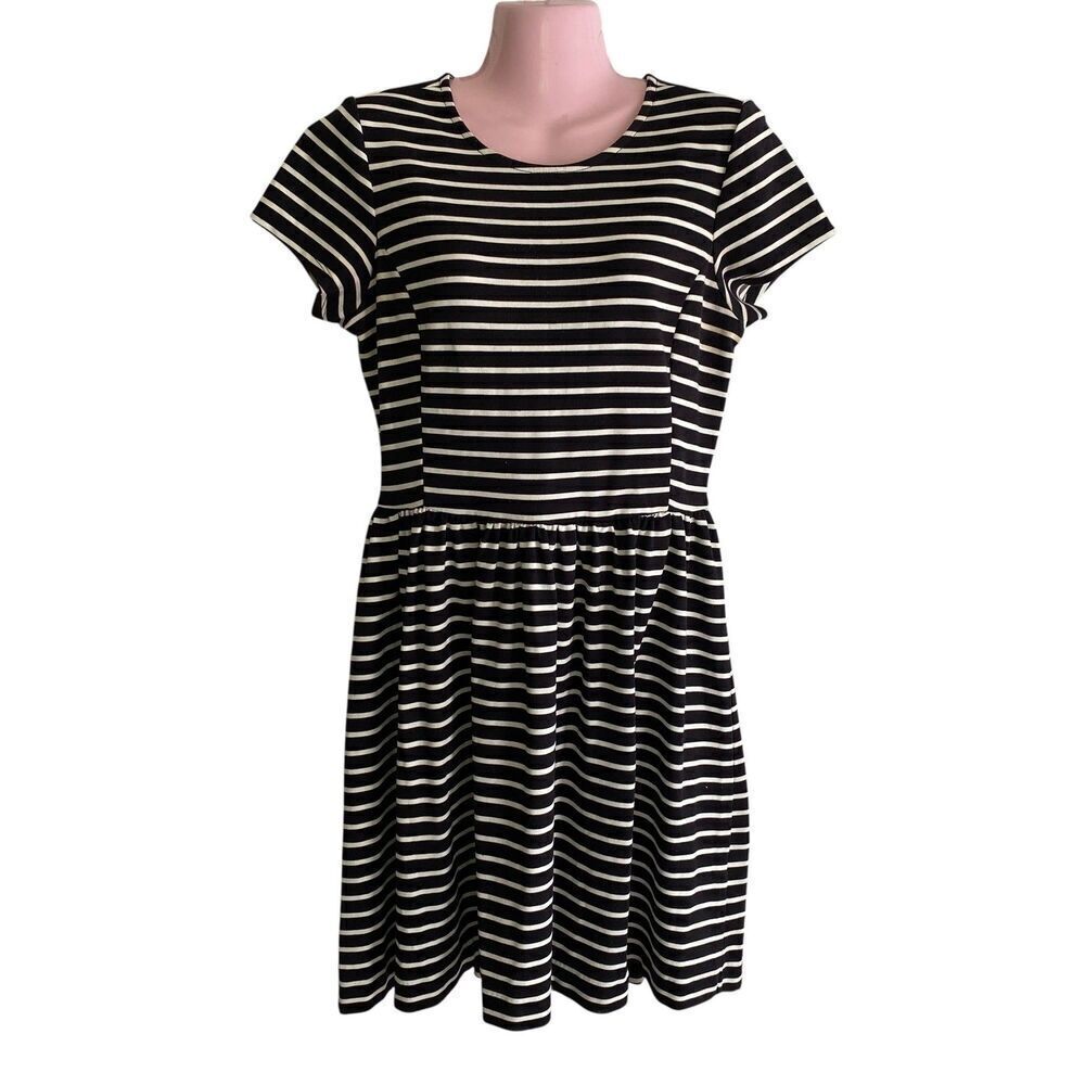 Peter Som Dress Womens Medium Black White Striped Short Sleeve Fit Flare